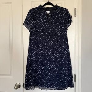 DKNY Dress Blue White Polka Dots Tulip Sleeves Split Neck Short Sleeves Size 12